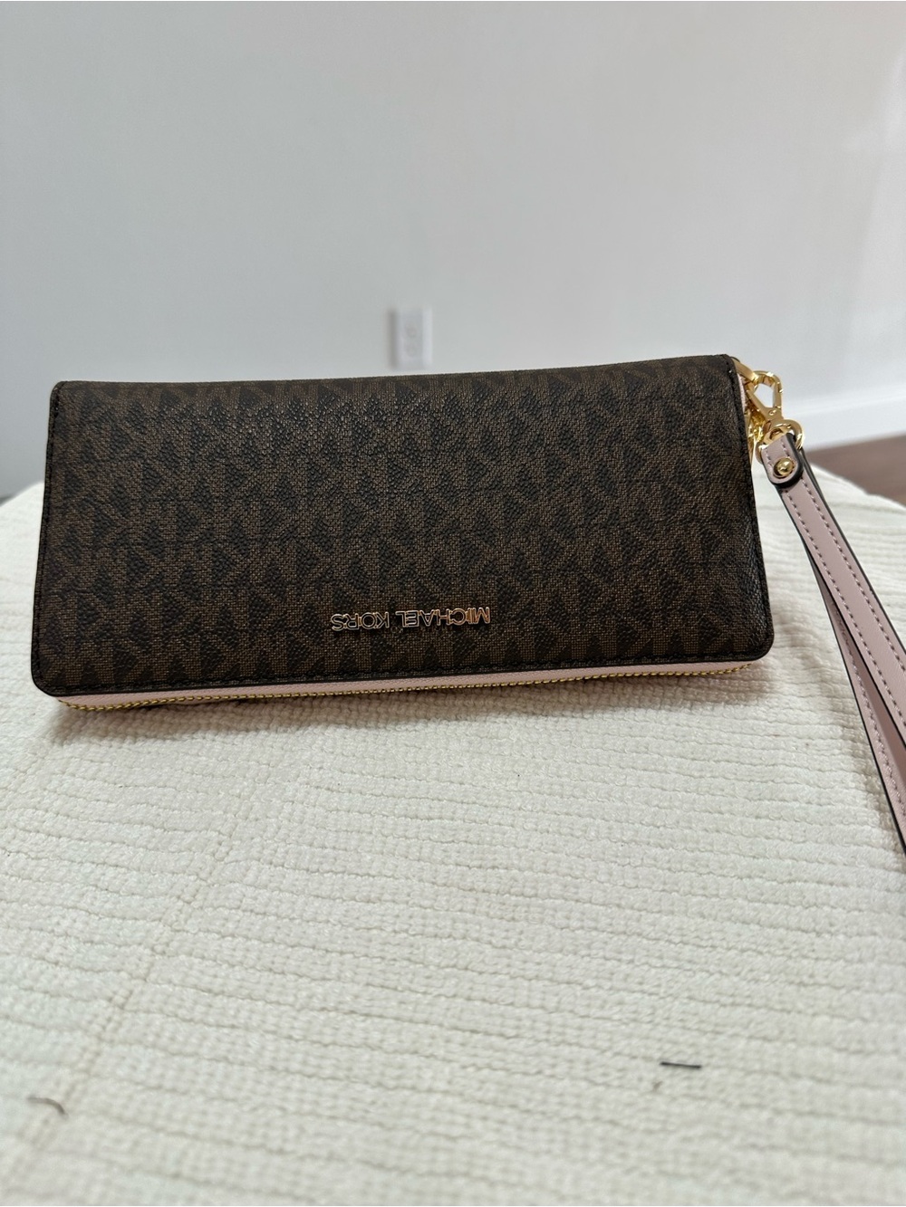 Michael Kors Brown MK Logo Zip Wristlet with Pink Strap